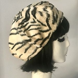 Zebra Print Vintage Faux Fur Beret Hat